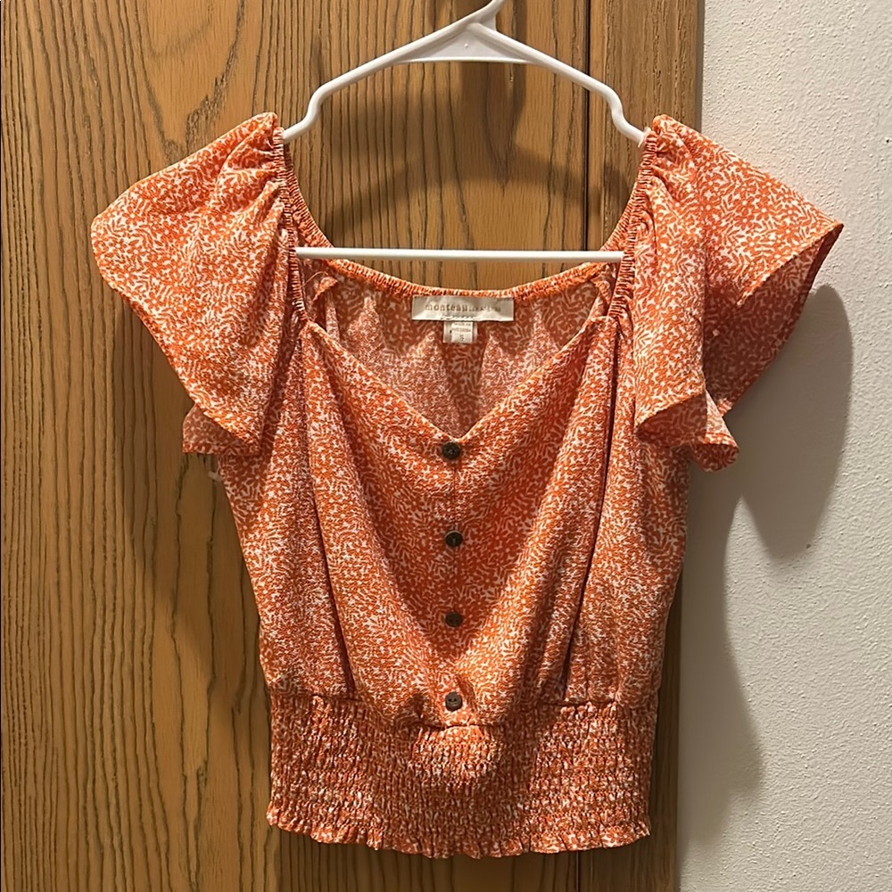 Orange Floral Button Top
